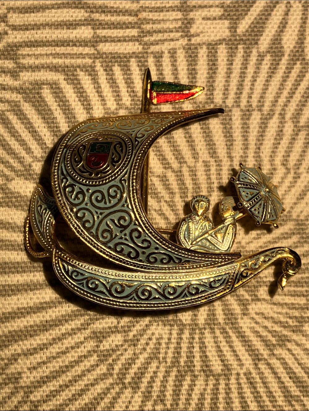Vintage Damascene Sail Boat Couple Brooch Pin Spanish Ship